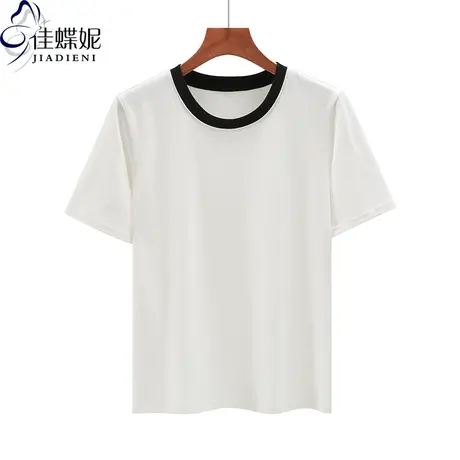 夏季新款韩版圆领宽松纯色拼色纯棉休闲短袖体恤上衣内搭女打底衫商品大图