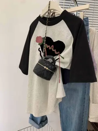 灰色插肩t恤女装小众设计感ins潮大码纯棉短袖夏港味复古chic上衣商品大图