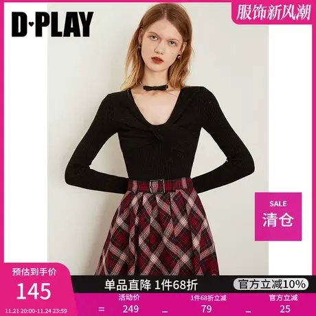 DPLAY女装气质复古黑色打底衫蝴蝶结收腰长袖针织衫v领上衣女商品大图