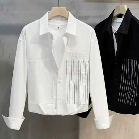 条纹拼接日系痞帅牛仔衣休闲外穿长袖衬衫男士春秋宽松衬衣薄外套图片