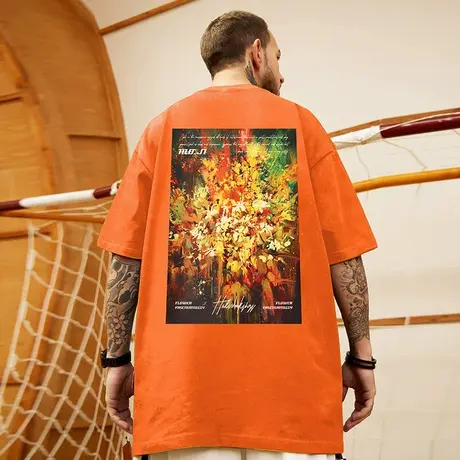 夏季油画涂鸦纯棉T恤男美式街头bf风宽松百搭橙色短袖潮大码男装商品大图