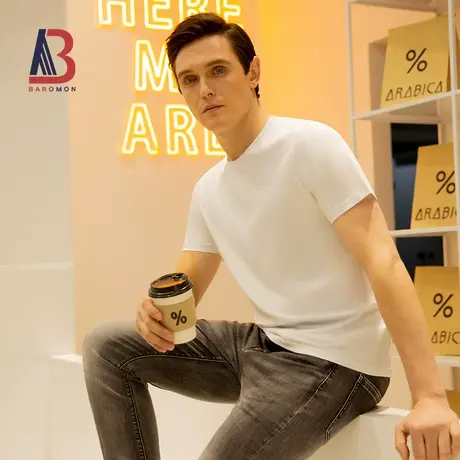 BAROMON/培罗蒙男士打底体恤衫圆领短袖白t恤打底衫图片