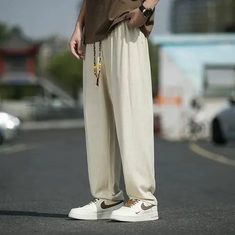 中国风裤子男加肥加大码宽松休闲裤复古哈伦裤个性直筒潮亚麻长裤图片