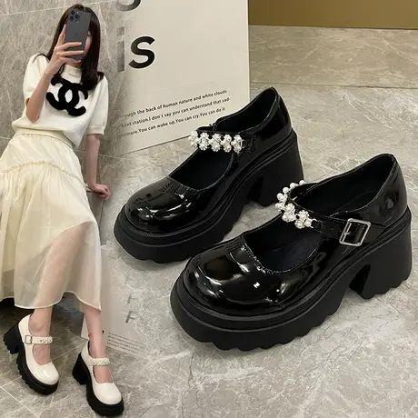 小皮鞋女2023新款秋冬季高跟鞋粗跟厚底玛丽珍单鞋女鞋配裙子鞋子图片