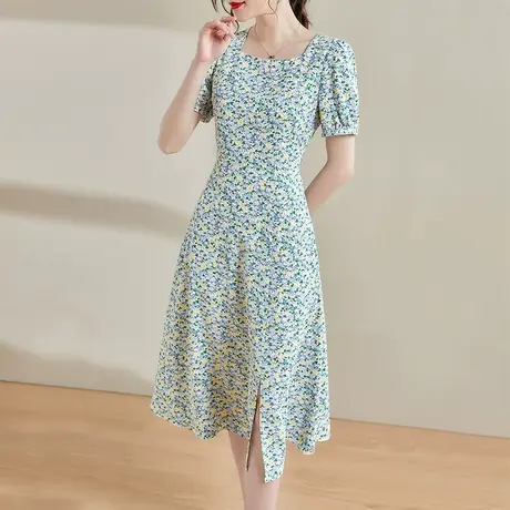 【1件7.9折】新款夏季时尚开叉裙百搭花色中长款显瘦连衣裙图片