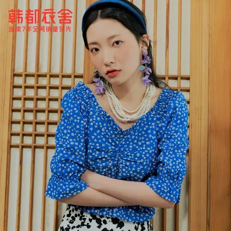 韩都衣舍碎花雪纺衫夏季新款女装短款木耳边上衣OM82337图片