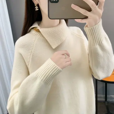 高领毛衣女秋冬2025新款爆款纯色翻领内搭加厚软糯宽松针织打底衫商品大图