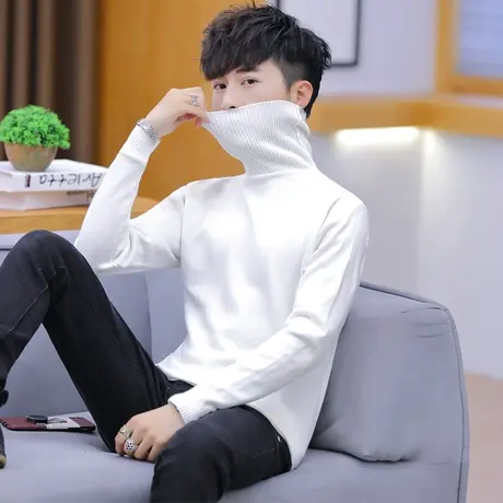 秋冬季白色高领毛衣男士韩版修身线衣纯色加绒加厚针织打底衫衣服商品大图