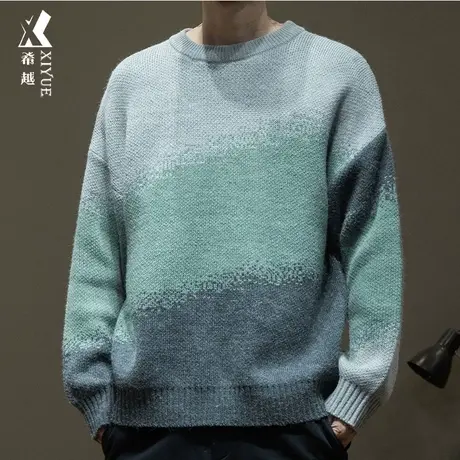 日系慵懒感渐变毛衣男冬季新款保暖羊毛针织衫宽松大码男士毛线衣商品大图