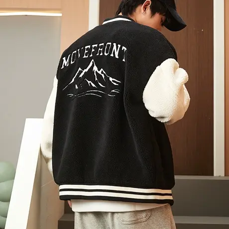 唐狮棒球服男仿羊羔毛冬季新美式棒球服休闲棒球领外套男潮图片