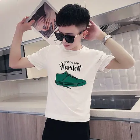 夏季男士t恤打底衫短袖修身修身潮牌网红学生ins半袖潮流圆领体恤商品大图