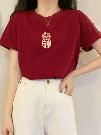 红色国潮短袖龙年本命年短袖t恤女宽松夏季时尚爆款上衣纯棉体恤商品大图