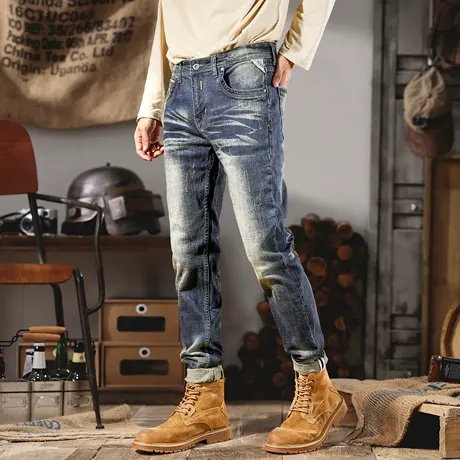复古潮流牛仔裤男款修身小直筒裤子高端潮牌水洗耐磨怀旧长裤子男商品大图