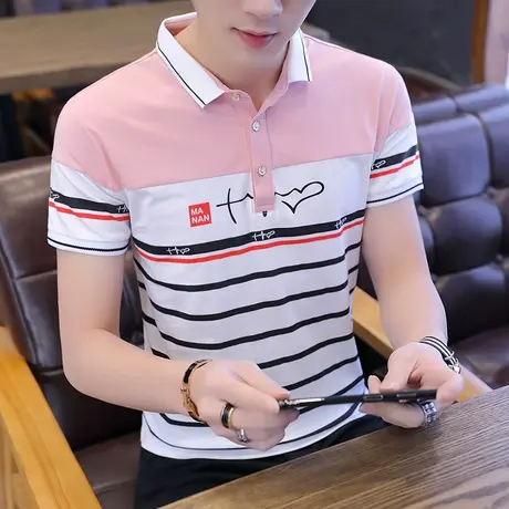 夏季新款男士POLO衫韩版修身潮流翻领短袖T恤男撞色拼接汗衫半袖T商品大图