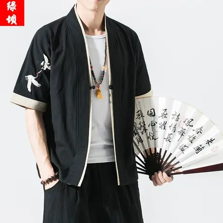 中国风男装唐装汉服仙鹤外套道袍和风和服装短袖古风古装佛系夏季图片