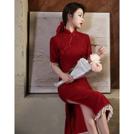 旗袍敬酒服新娘2024新款夏季酒红色平时可穿结婚订婚回门礼服流苏商品大图