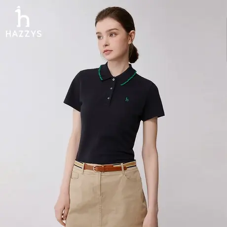 【舒适纯棉】Hazzys哈吉斯春夏季短袖t恤撞色花边领上衣polo衫女商品大图