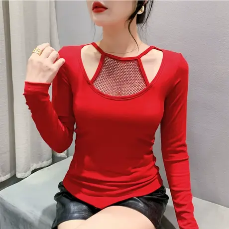 春装2024新款T恤不规则拼接镂空镶钻洋气内塔上衣女修身打底衫潮商品大图
