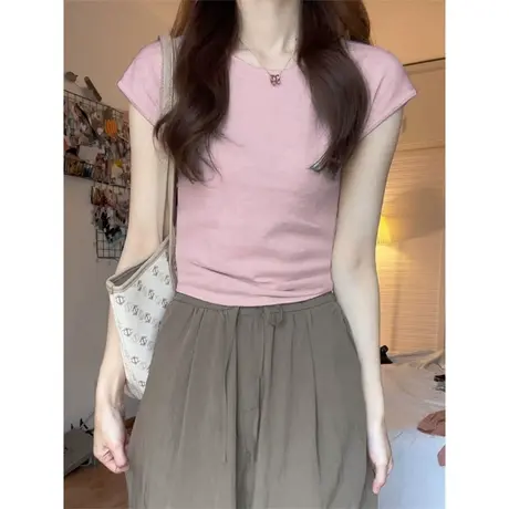 早春夏装短袖T恤女百搭韩版小个子短款打底小衫时髦修身半袖上衣图片