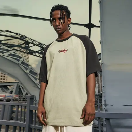 华夫格插肩袖撞色情侣字母插肩短袖拼接t恤男潮牌情侣装半袖夏季商品大图