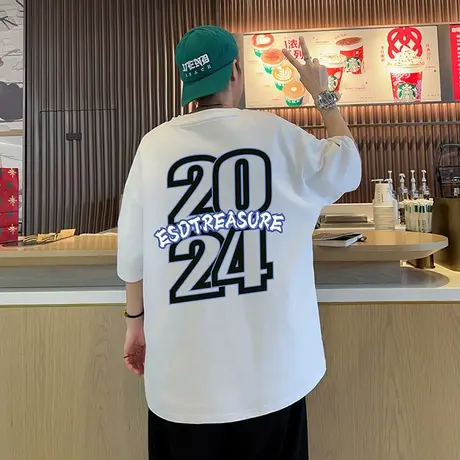 2024年新款上衣短袖t恤男潮牌夏季纯棉半袖男青少年五分袖体恤衫T商品大图