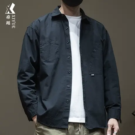 希越重磅水洗纯棉衬衫男2024春季款宽松大码男士休闲长袖衬衣外套商品大图