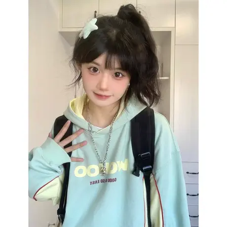 2024新款连帽卫衣女春秋季薄款设计感拼接宽松慵懒风上衣外套潮牌图片