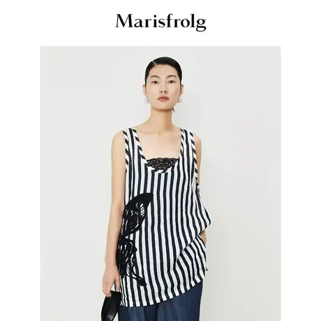 【商场同款】玛丝菲尔T恤夏季新款黑白条纹撞色无袖内搭上衣女图片