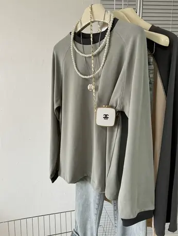 云朵软呼呼基础净版纯色撞色领口上衣2024春季打底衫长袖T恤女潮商品大图