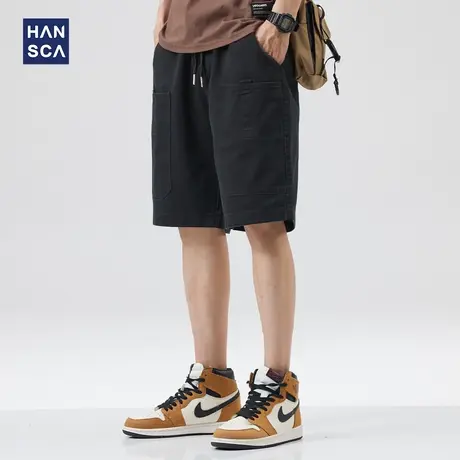 hansca日系潮牌大口袋工装短裤男纯棉夏季黑色宽松休闲外穿五分裤商品大图