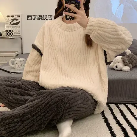 秋冬季新款珊瑚绒睡衣女简约加绒加厚法兰绒家居服冬天软绵绵套装商品大图