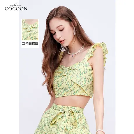 missCOCOON法式方领纯棉上衣2023夏新款女荷叶无袖修身淑女雪纺衫图片