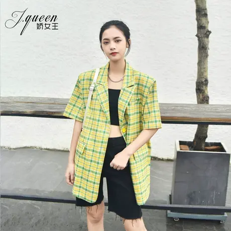 格子短袖西装外套女夏季薄款复古英伦风宽松廓形网红炸街小西服潮图片