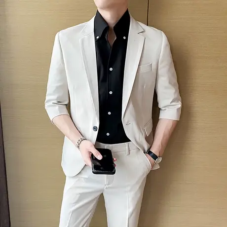 休闲七分袖小西装男垂感外套春夏薄款短袖西服搭配修身九分裤一套商品大图