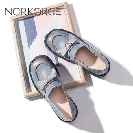 原创新款手工复古蓝金色蝴蝶结乐福鞋女鞋真皮圆头粗跟单鞋小皮鞋图片