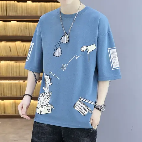 男士卡通动漫短袖t恤夏季潮流五分袖体恤青少年宽松半袖冰感上衣商品大图