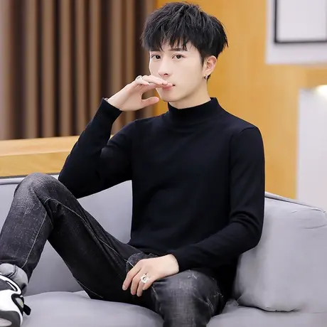 男士毛衣半高领秋冬季百搭修身针织打底衫纯黑色中领线衣潮流男装商品大图