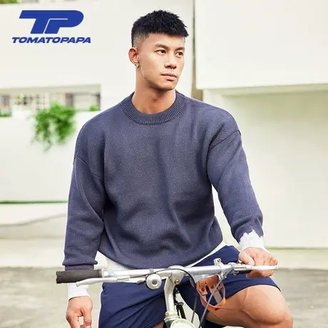 TOMATOPAPA新款23秋冬保暖毛衣长袖圆领针织衫男撞色套头针织上衣图片