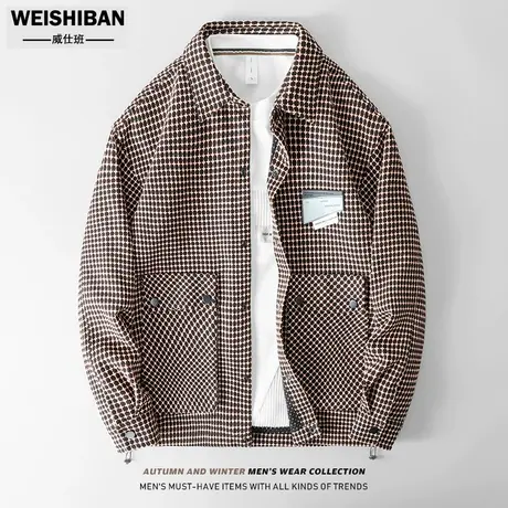 高级感千鸟格长袖工装翻领夹克男潮流落肩宽松格子纹编织休闲外套商品大图