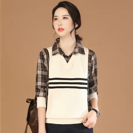 韩潮袭人复古假两件格子针织衫女2023秋季新款休闲百搭套头毛衣商品大图