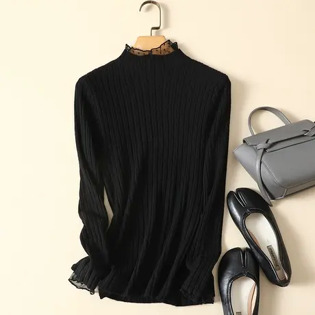 春装2023年新款蕾丝拼接半高领女士内搭针织显瘦洋气打底衫毛衣女商品大图