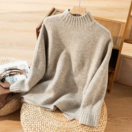 享永子半高领套头针织衫女文艺复古纯色宽松毛衣外套秋冬2022新款图片