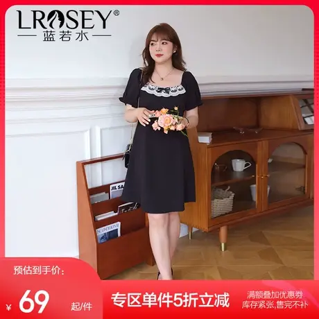 蓝若水大码蕾丝方领连衣裙女胖MM夏季新款高腰显瘦法式a字雪纺裙商品大图