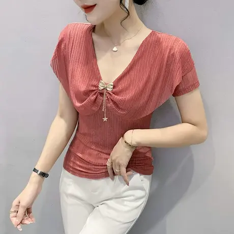 荷叶边短袖上衣女2023夏季新款洋气百搭小衫性感V领网纱t恤设计感商品大图