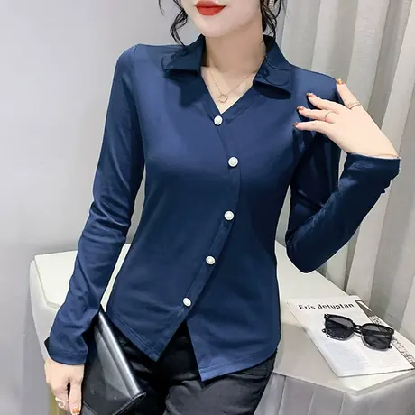 欧货POLO领T恤女长袖早秋2023新款修身百搭时尚打底衫设计感上衣商品大图