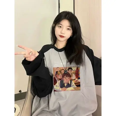 爆款黑灰拼接ins内搭打底衫女插肩长袖t恤女小众2023秋冬新款上衣商品大图