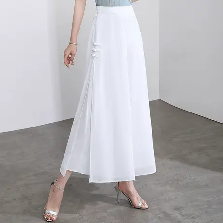 雪纺阔腿裤女休闲裤2023夏季松紧腰直筒裤开叉薄款裙裤直筒长裤子商品大图