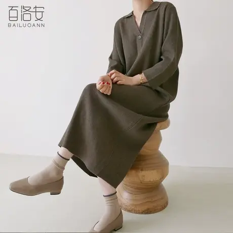 百洛安长款过膝宽松大码毛衣女秋装新款韩版翻领单排扣针织连衣裙图片