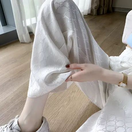 白色冰丝阔腿裤女夏季薄款高腰垂感直筒宽松显瘦休闲提花拖地裤子商品大图