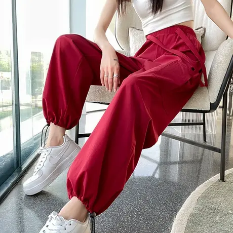 酒红色工装束脚裤女春秋新款高腰宽松显瘦休闲速干两穿美式阔腿裤商品大图